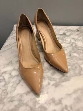 Marc Fisher LTD Nude Patent Pointed Toe‎ Block Heel Pumps